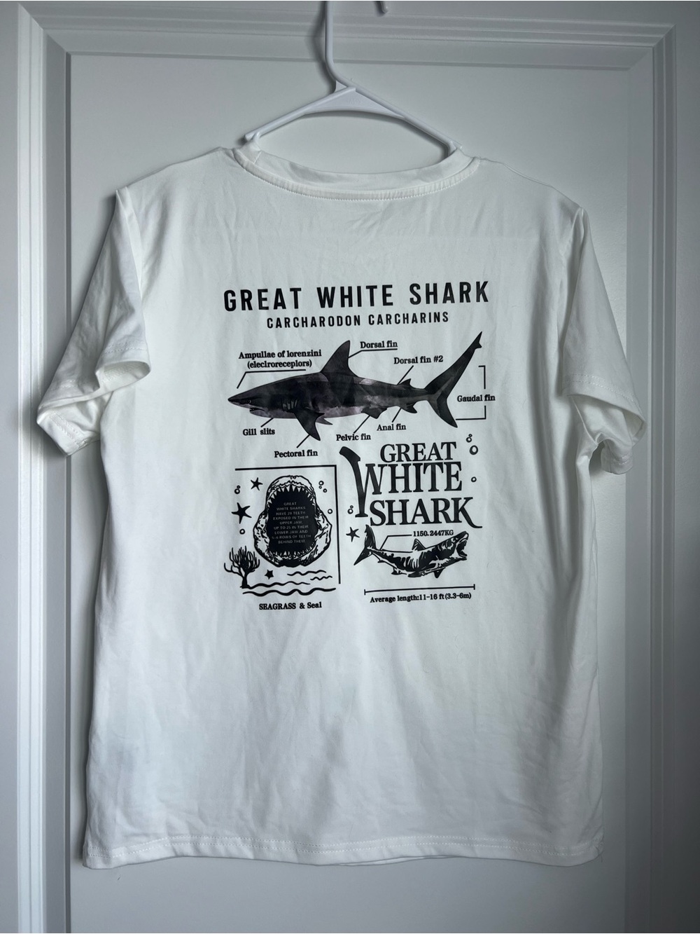 SHEIN White Short-Sleeve Great White Shark Graphic Tee